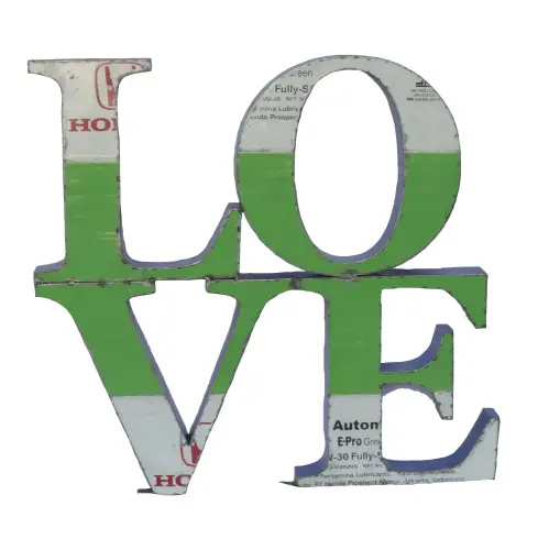 Product image of the product “Letter LOVE in Small as wall hanger, 105 x 101cm, object from upcyceled oil barrel. ”